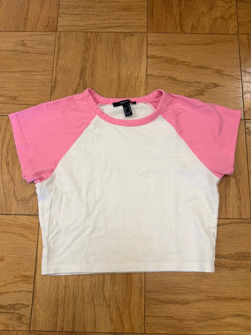 Pink and White Forever 21 Cropped Raglan Baby Tee